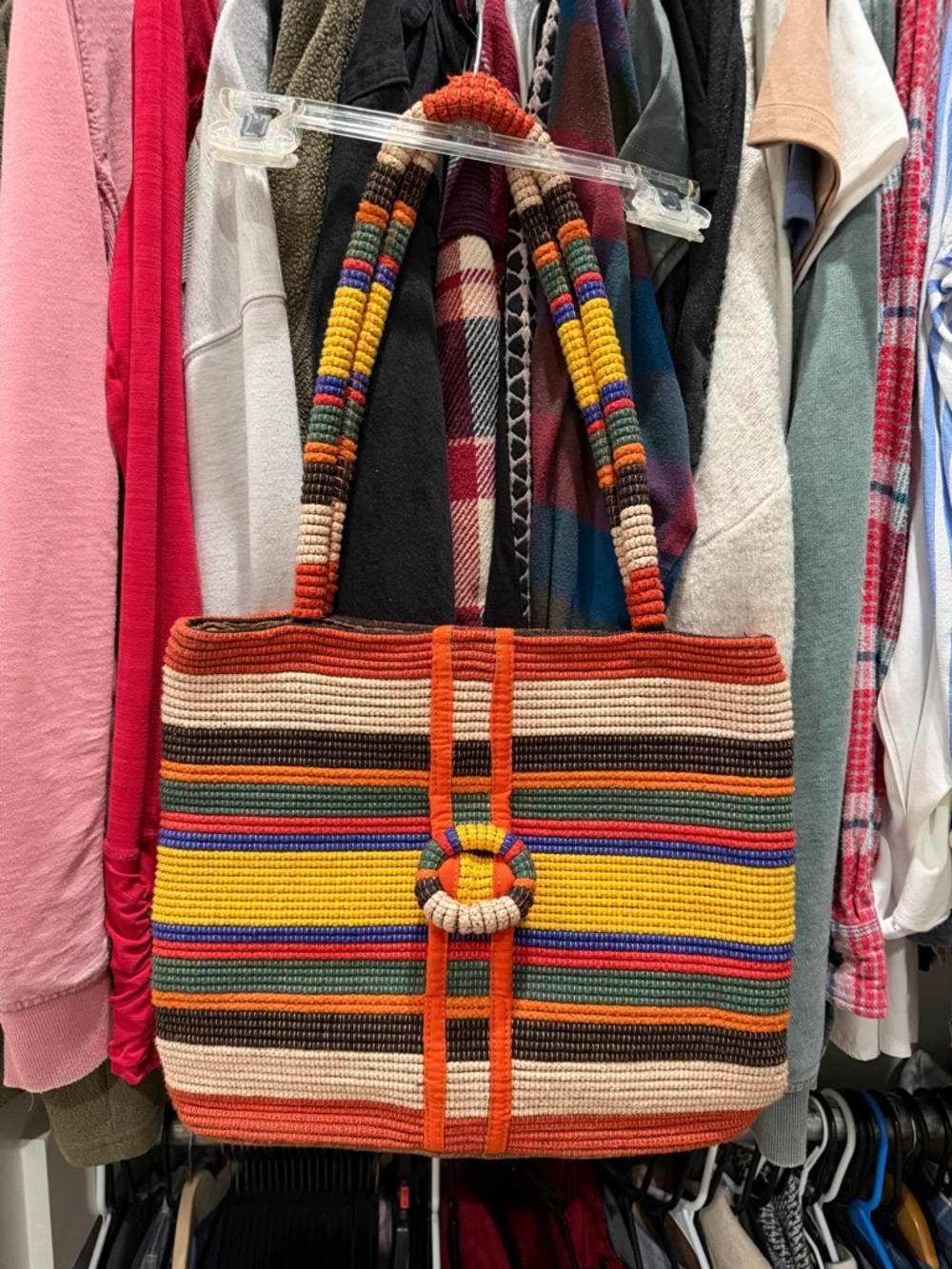 Handwoven Multicolor Stripe Tote with Orange Trim